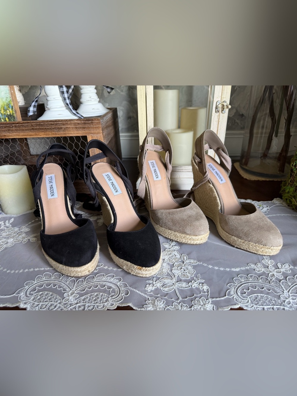 Steve Madden Espadrille Heeled Wedge Shoes in Black and Taupe Suede sz 6.5